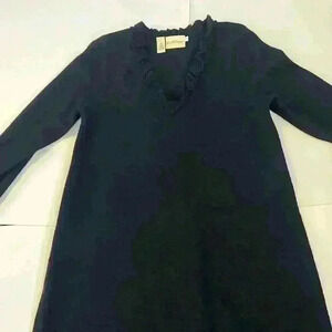 Pure DKNY, black 100%Wool, long sleeve dress, Size Small, ruffled V neck collar​